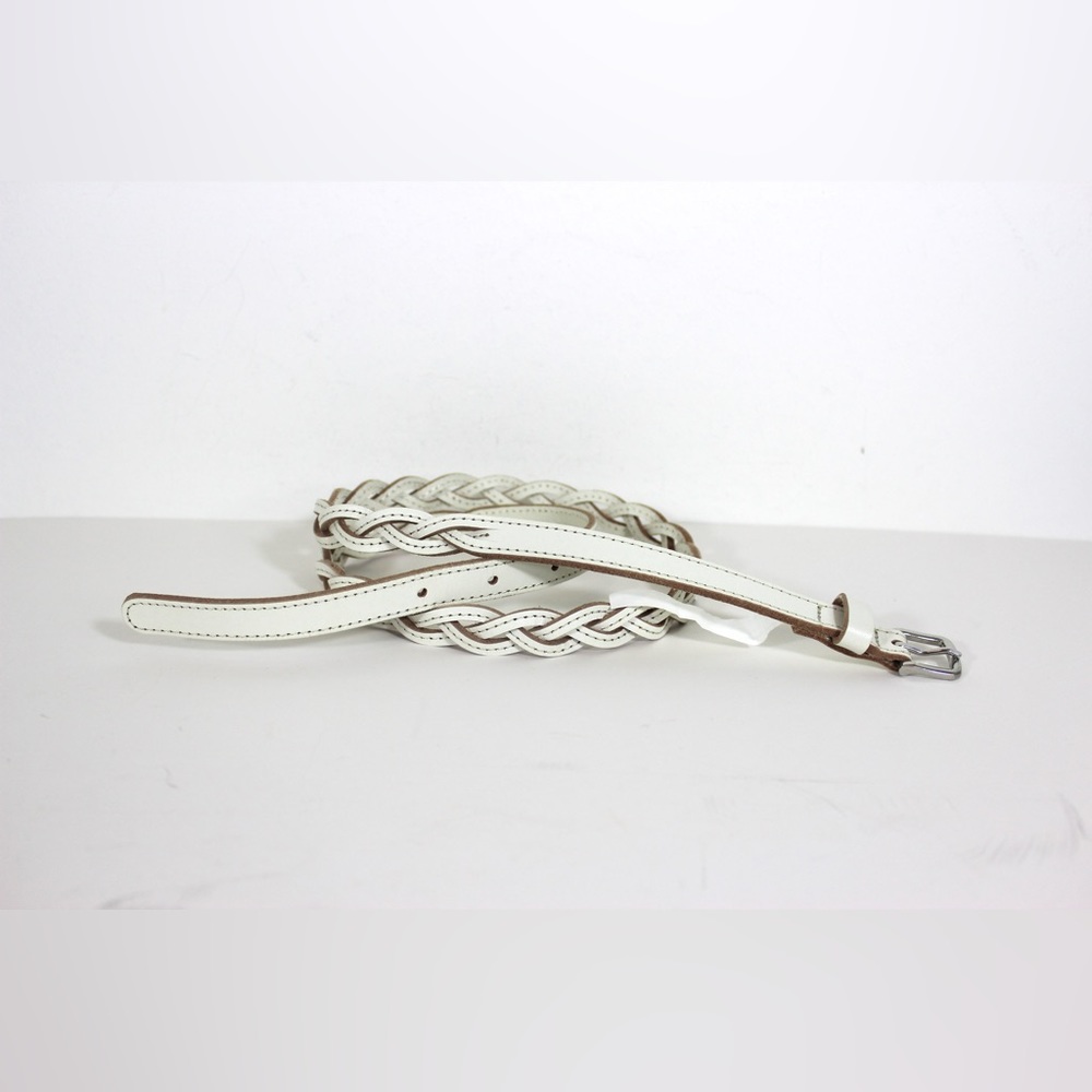 Skinny White Woven Braided Leather Belt, Narrow Silver Buckle M